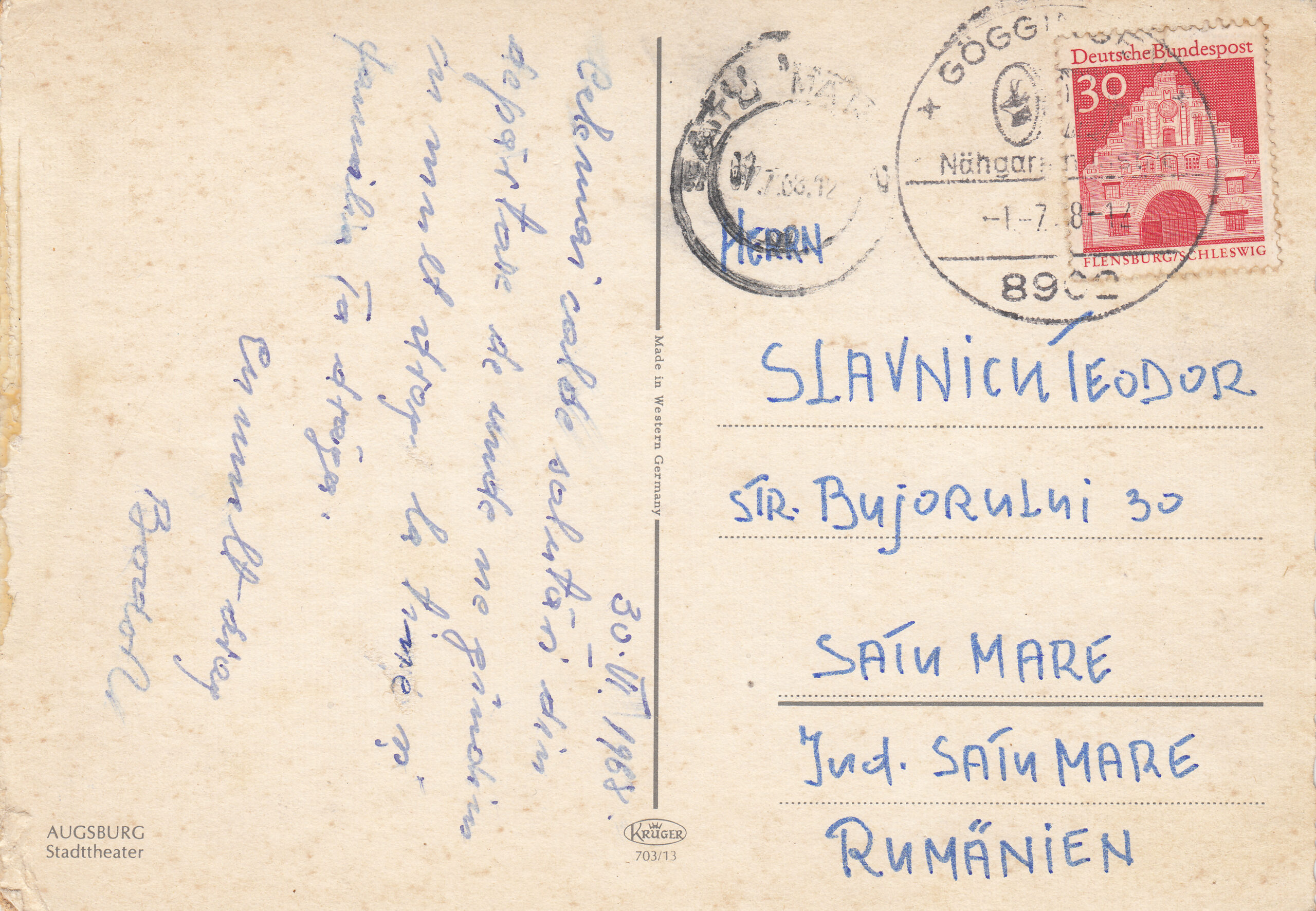 0.703- 13 Kruger Postcard Germany Augsburg_0001