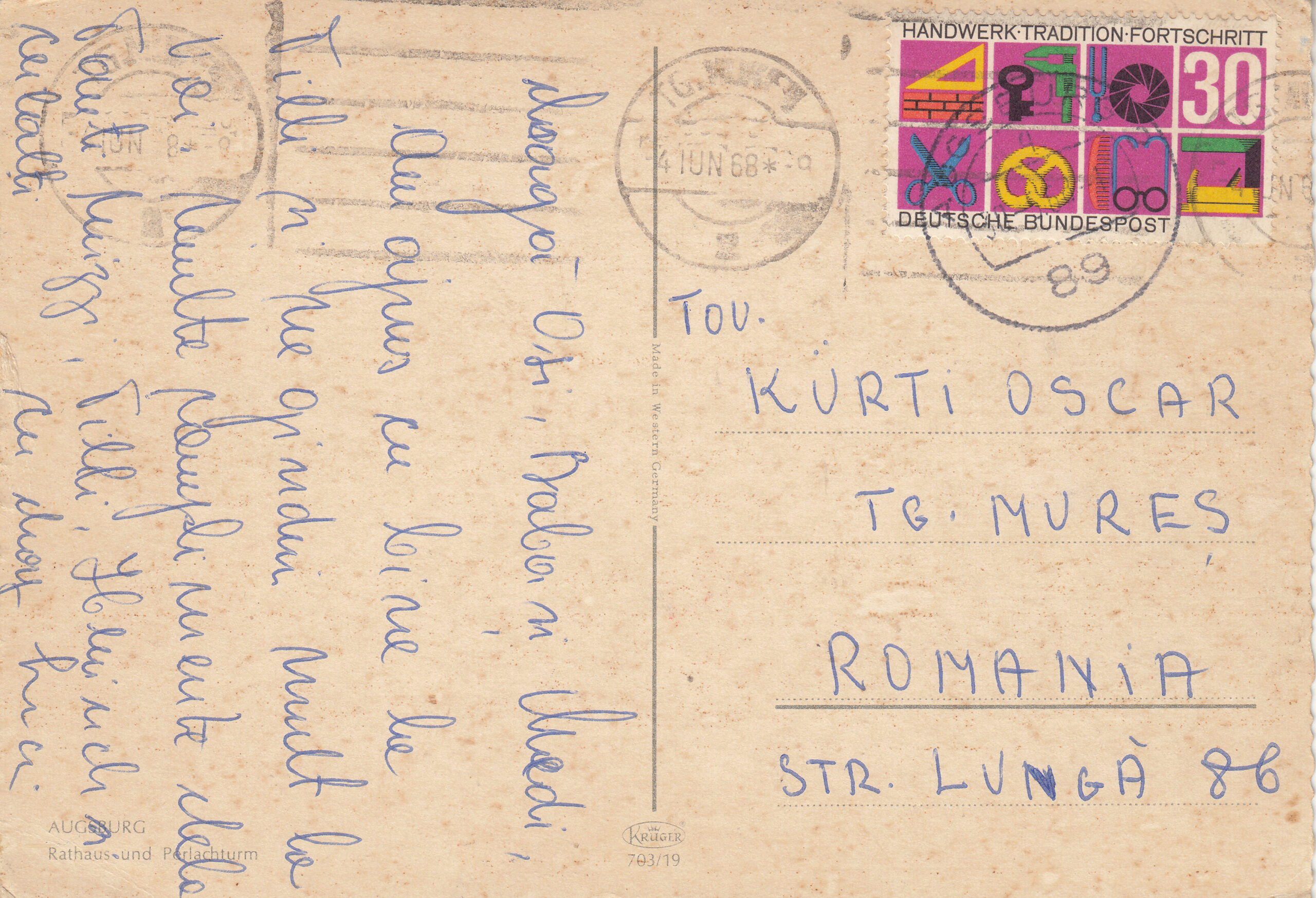 0.703- 19 Kruger Postcard Germany Augsburg_0001
