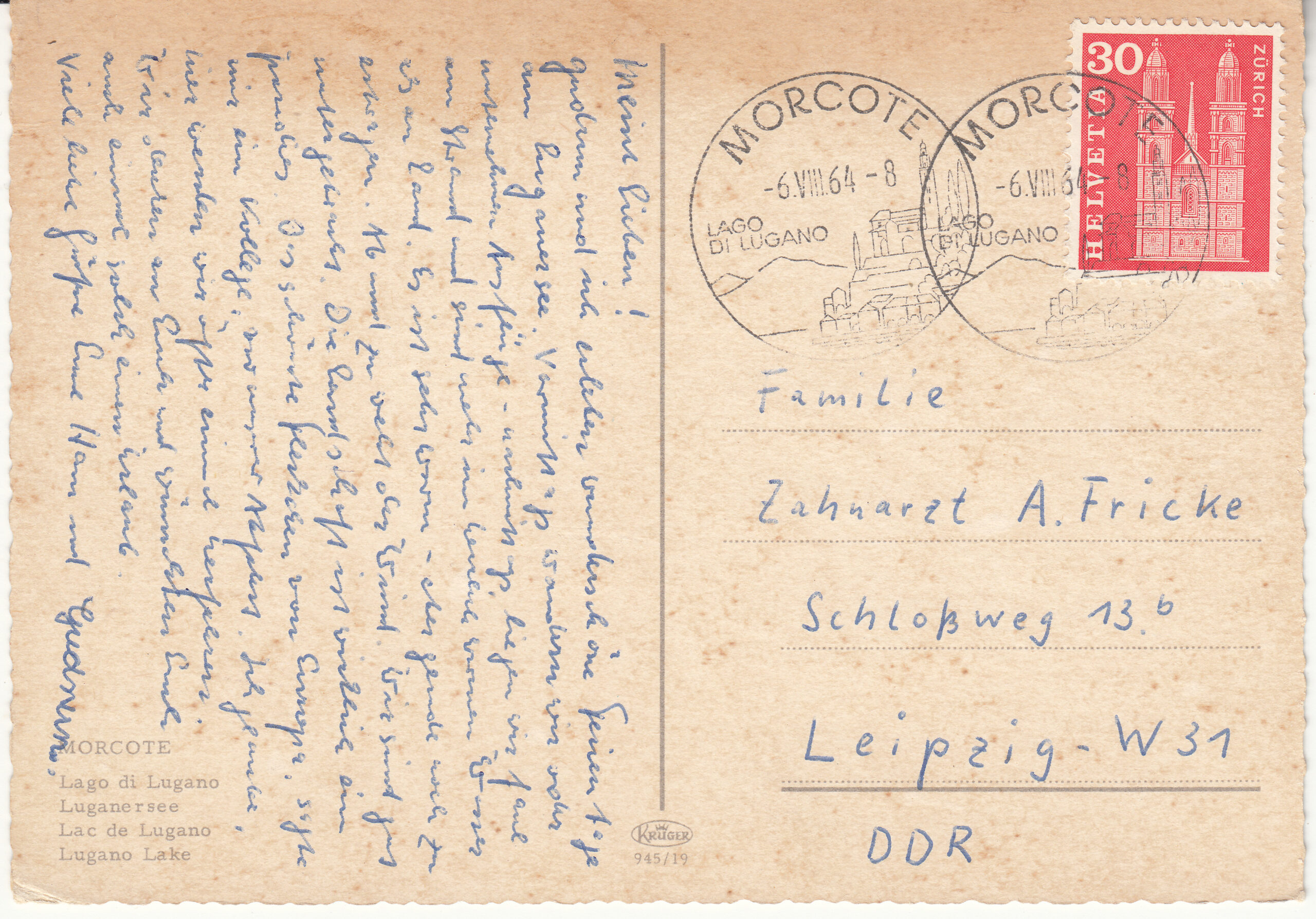 0.945- 19 Krüger Postcard Switzerland Lugano_0001