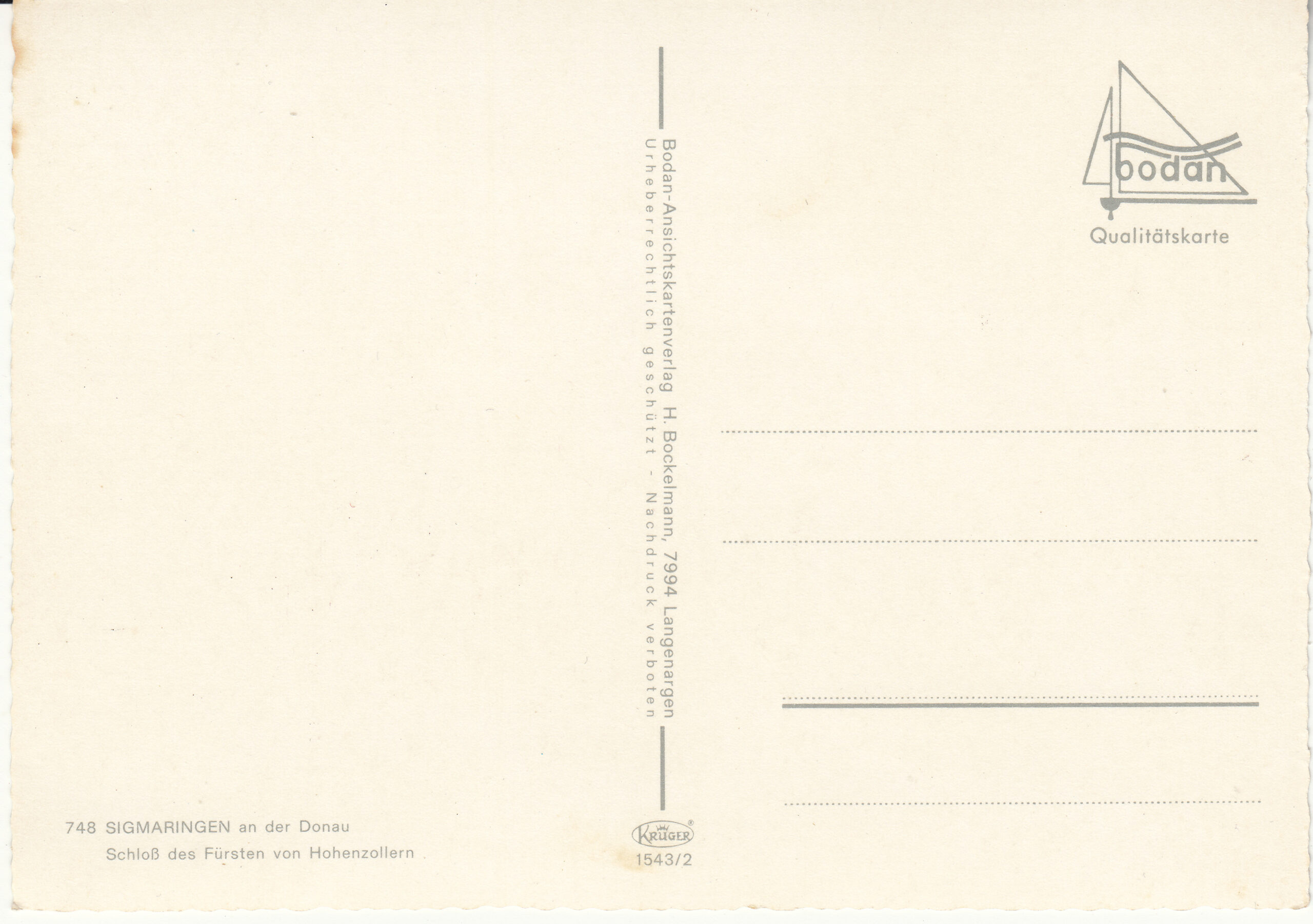 1.543- 2 Kruger Postcard Germany Sigmaringen_0001