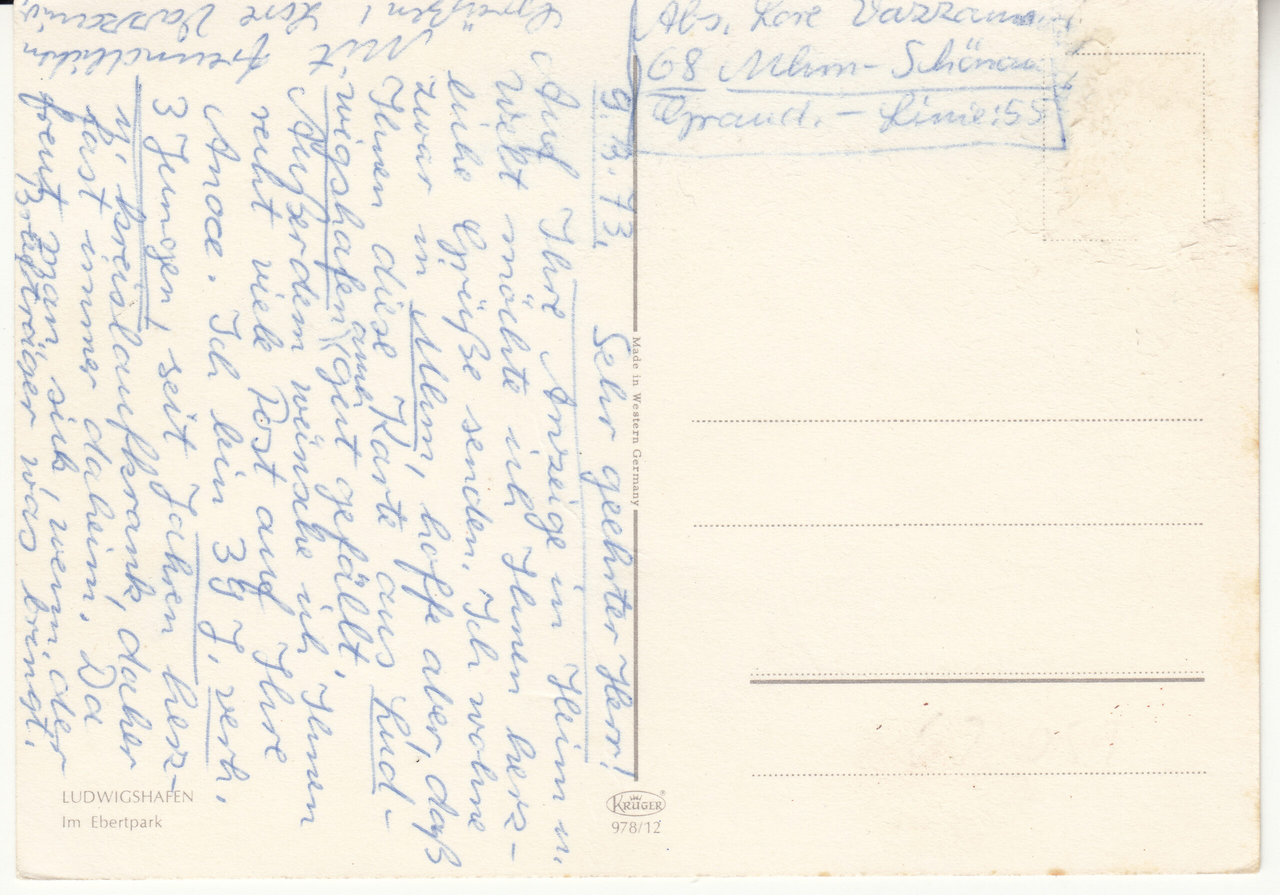 0.978- 12 Krüger Postcard Germany Ludwigshafen_0001