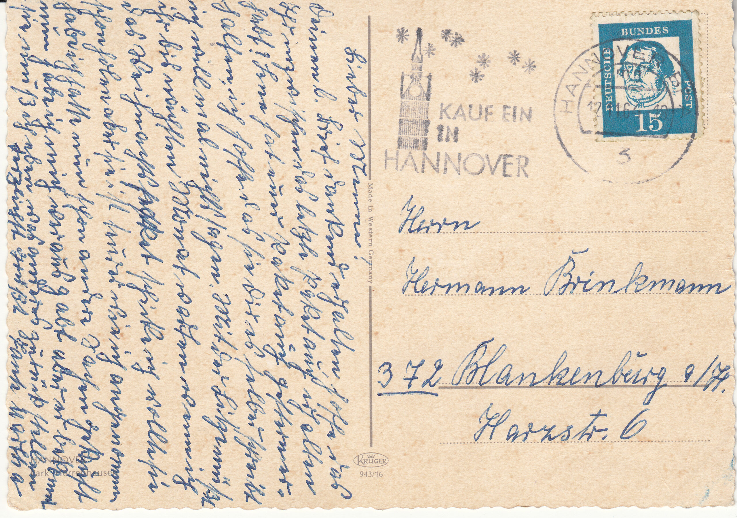0.943G- 16 Krüger Postcard Germany Hannover_0001