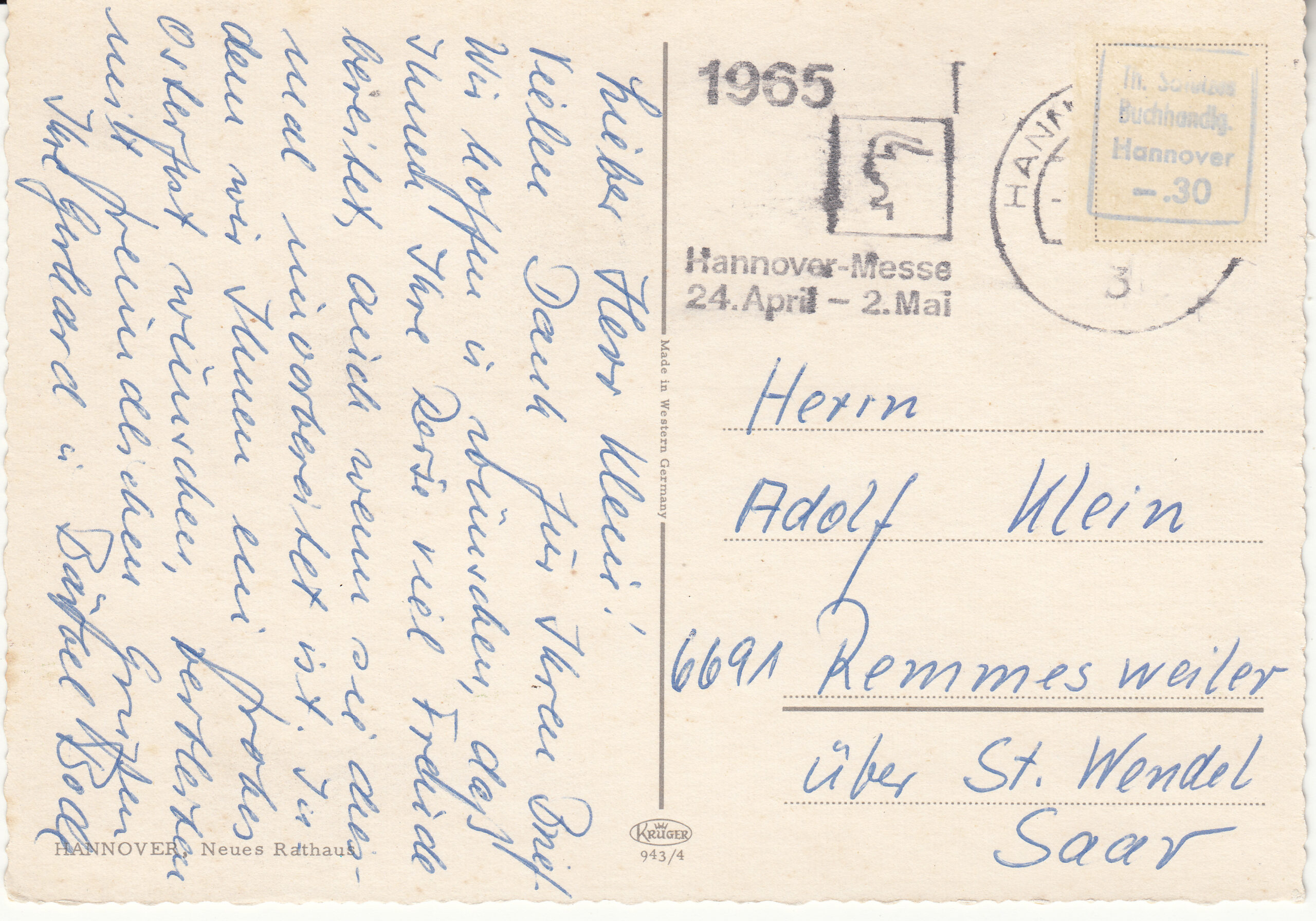 0.943G- 4 Krüger Postcard Germany Hannover_0001