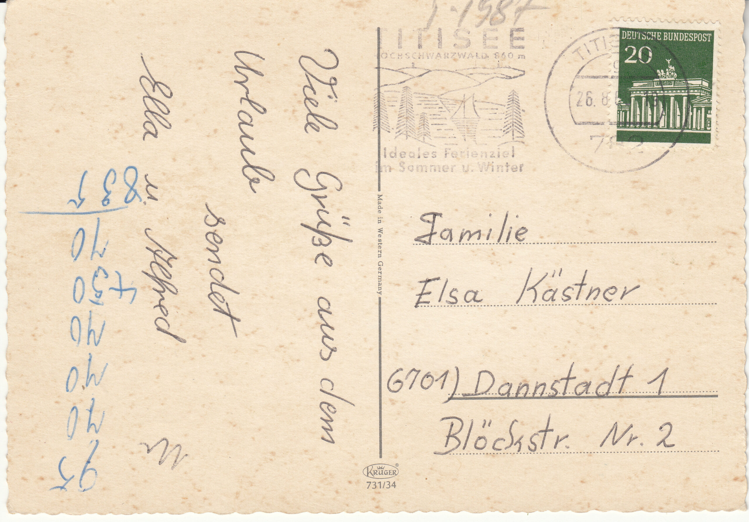 0.731- 34 Krüger Postcard Germany Hochschwazrwald Felderg_0001