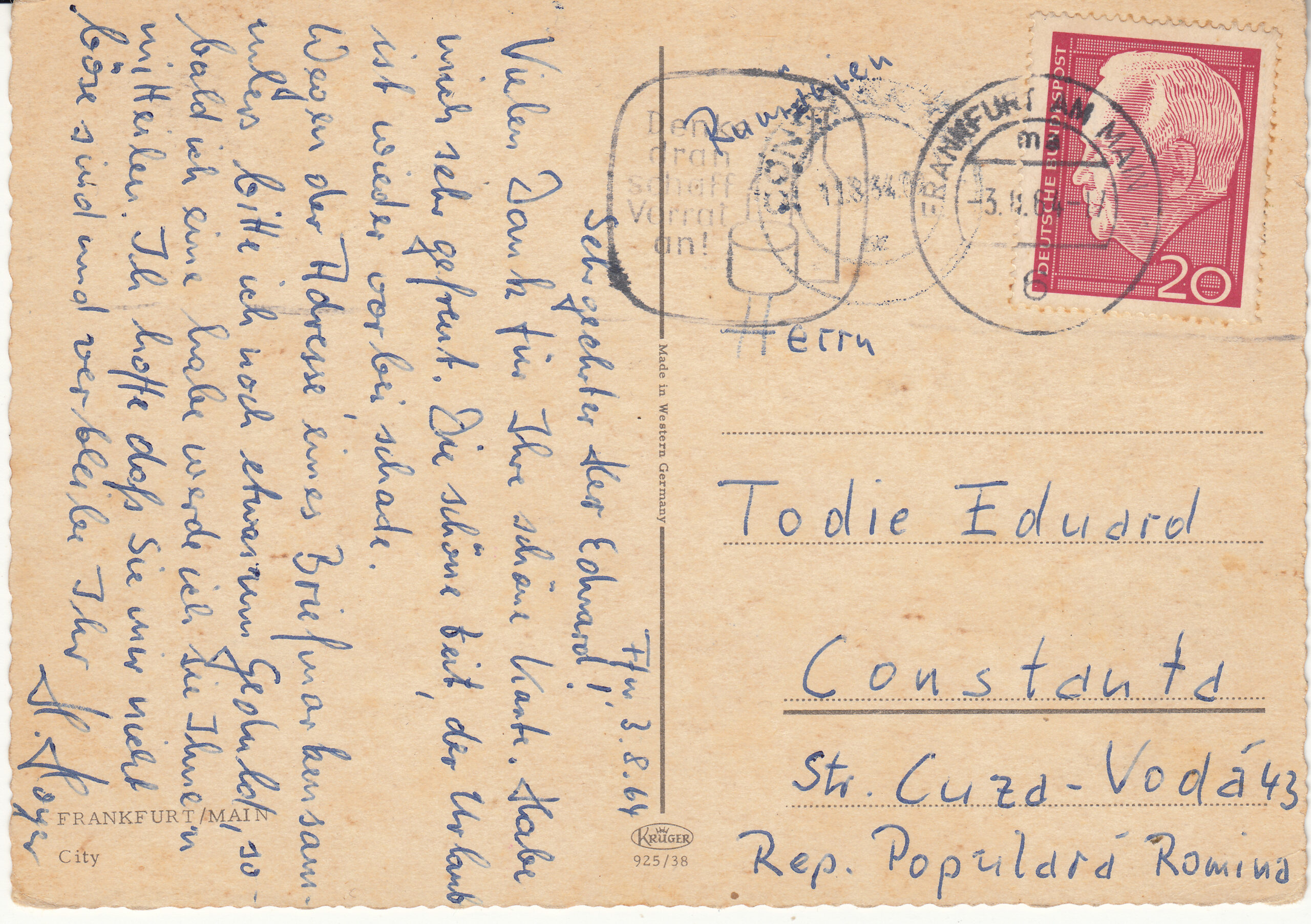 0.925- 38 Krüger Postcard Germany Frankfurt_0001