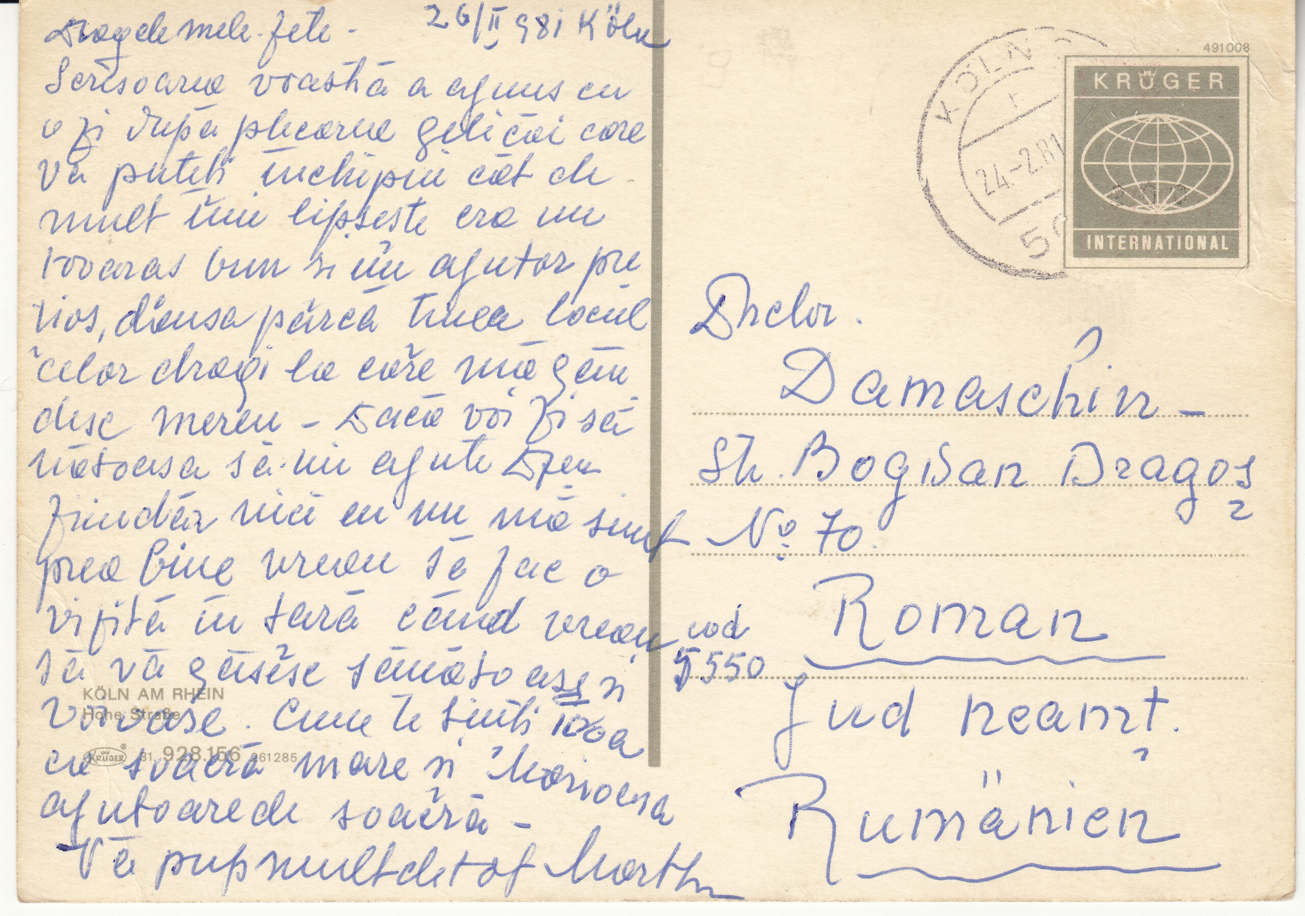 0.928-156.31 Krüger Postcard Germany Koln_0001
