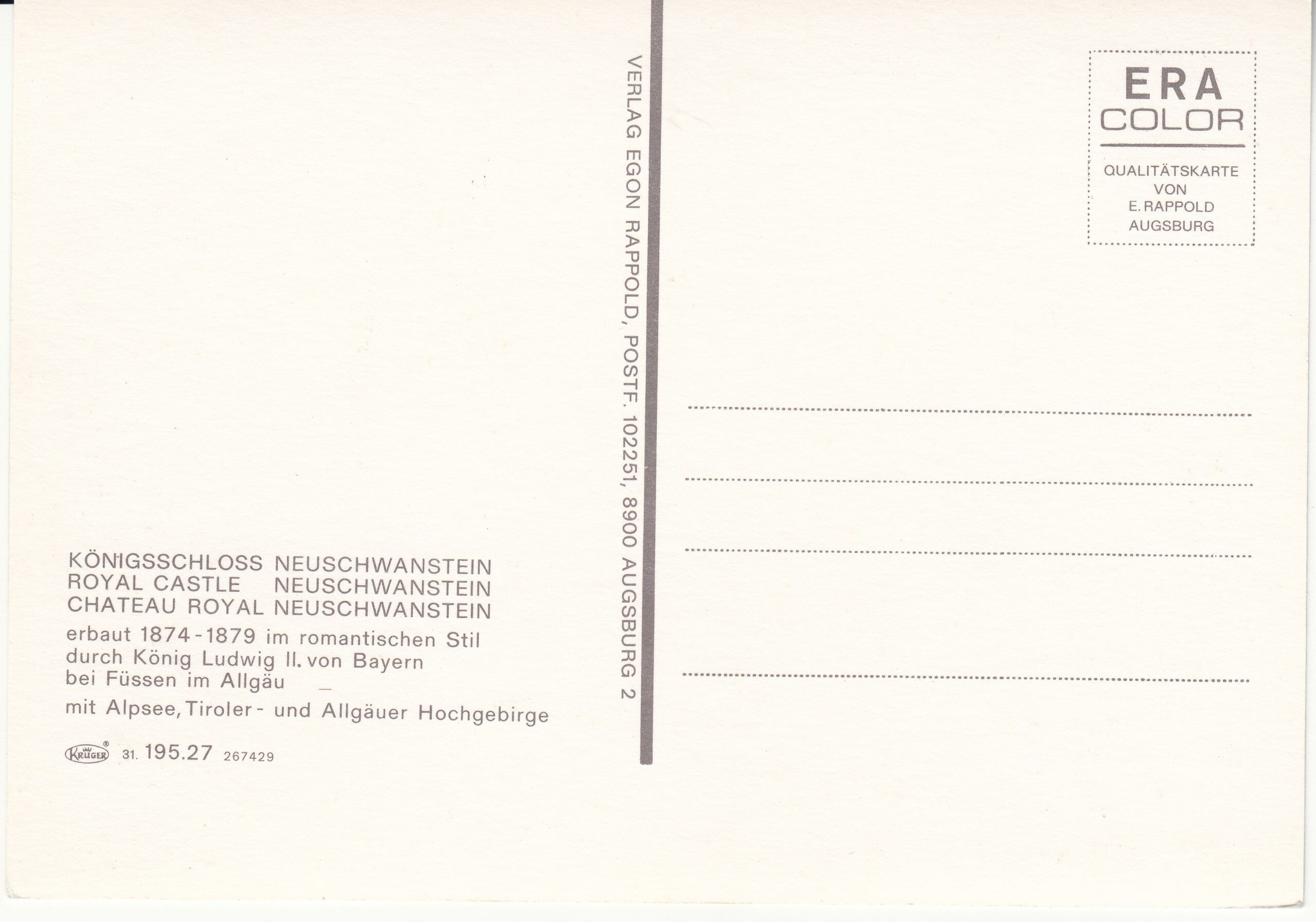1.195- 27.31 Krüger Postcard Germany Bayerische Königsschlösser_0001