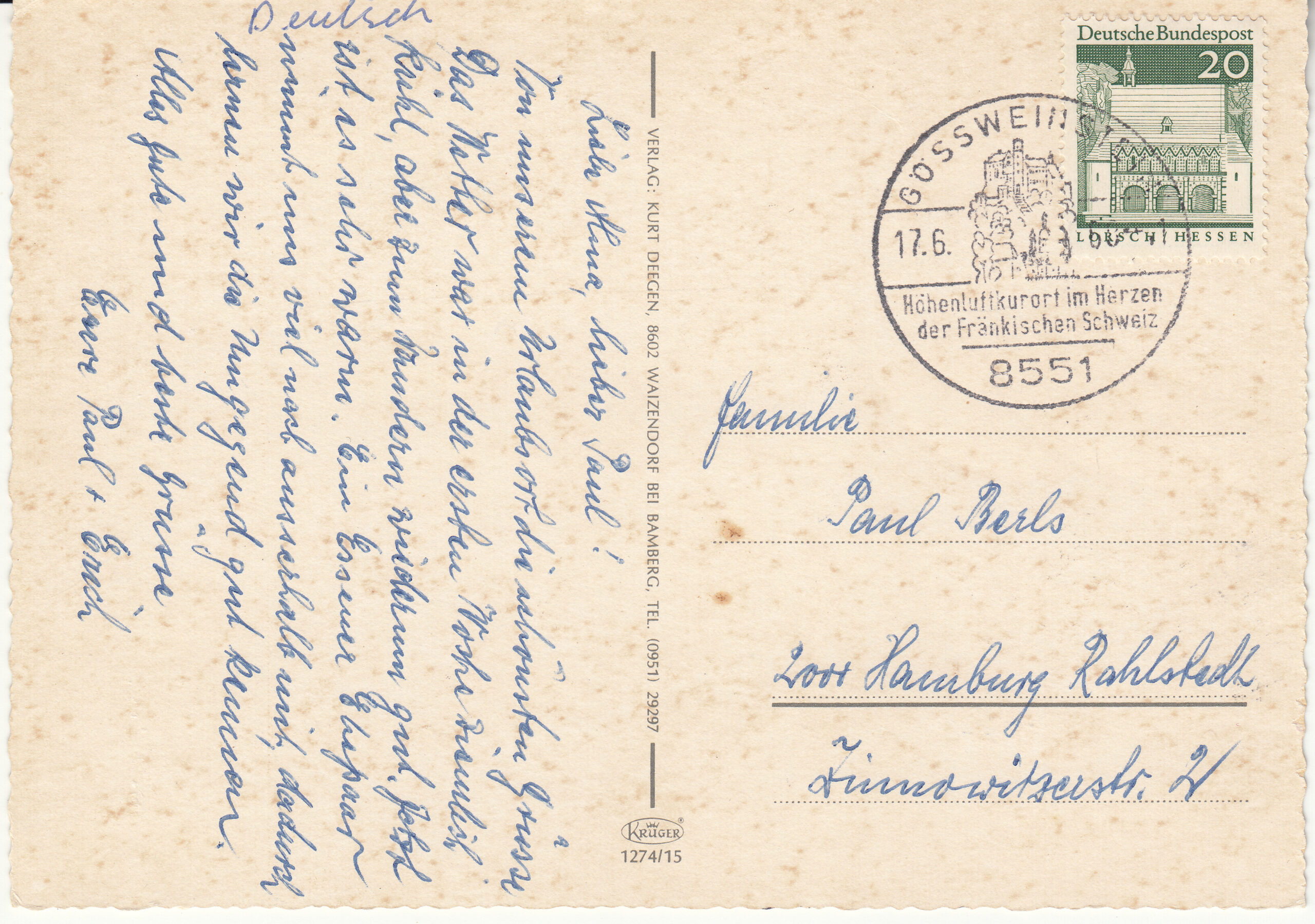 1.274- 15 Krüger Postcard Germany Fränkische Schweiz_0001